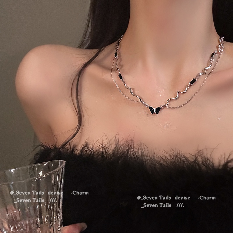 Ay (CN) Y2K Butterfly Heart Cross Pendant Kalung Zirkon Kristal Mutiara Silver Rantai Choker Untuk Wanita Perhiasan Aksesoris