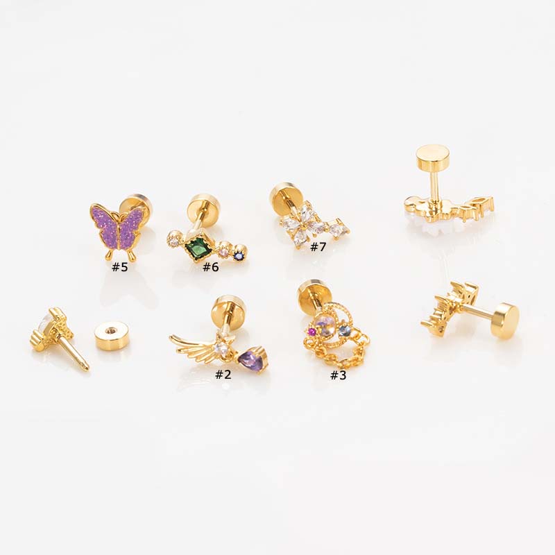 1biji Butterfly Flower Wing Cross Cartilage Stud Earring Helix Tragus Piercing 20Gauge Stainless Steel Dengan Zircon