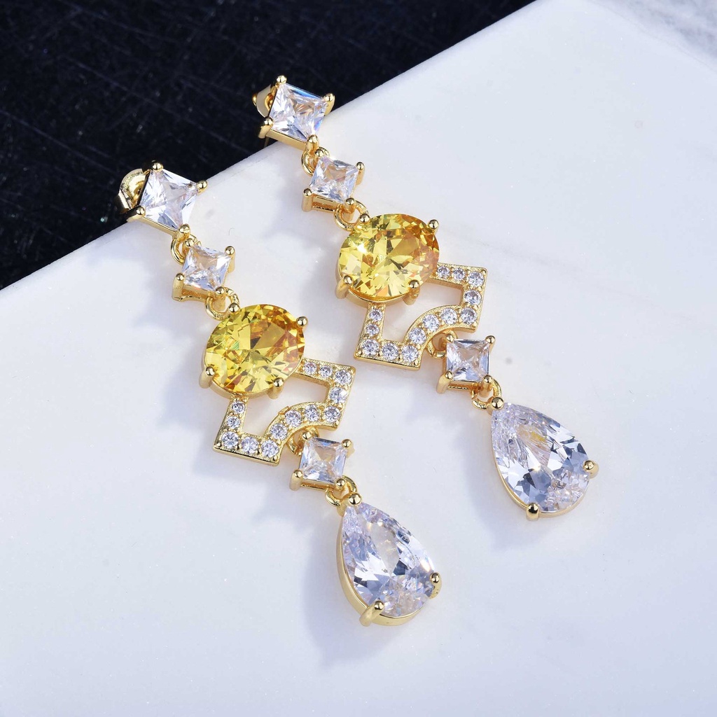 Goldkingdom Aksesoris Perhiasan Fashion Ready Stock Berlebihan Micro-set Anting, Wanita Panjang Batu Permata Biru Bergigi Temperamen Gaun, Anting Tetesan Air