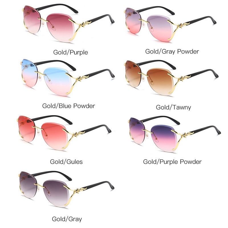 (YUZHU) Baru Bergaya Rubah Kepala Wanita Kacamata Hitam Logam Tanpa Bingkai Gradien Kerai Sunglasses