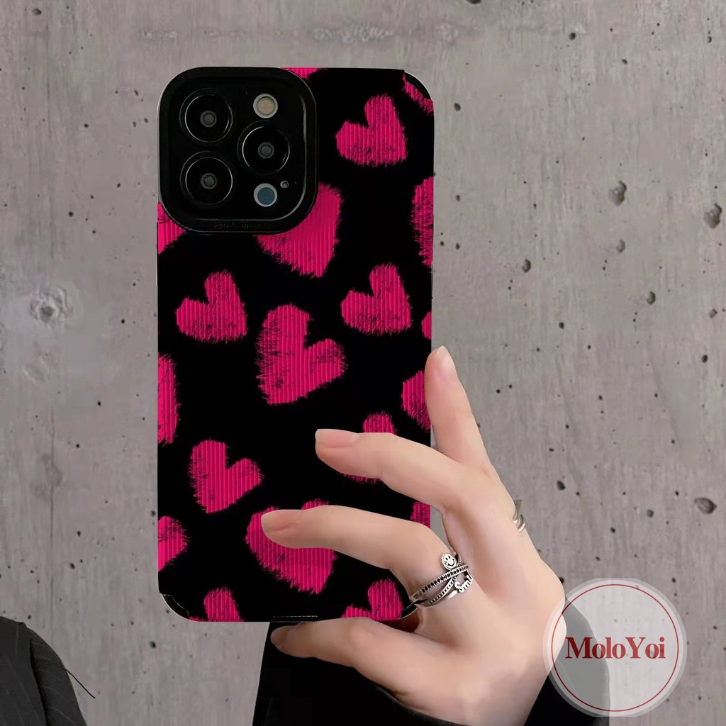 IPHONE Stiker Tekstur Shockproof Case Eropa Dan Amerika Kompatibel Untuk Iphone11 12 14 13 Pro MAX 7Plus 8 7 Plus XR X XS MAX Kulit Mewah Retro Pink Cinta Hati Telepon Lembut Tpu Cover