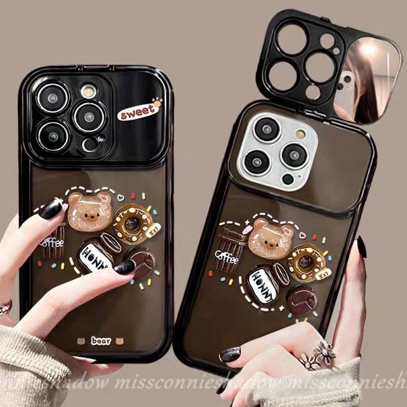 3d Kartun Lucu Mainan Beruang Kopi Donat Case Untuk Oppo A57 A12 A15 A7 A3s A5s A53 A15s A9 A5 A77 A77S A11K A31 A33 2020 A35 Kreatif Flip Make Up Cermin Shockproof Soft Phone Cover