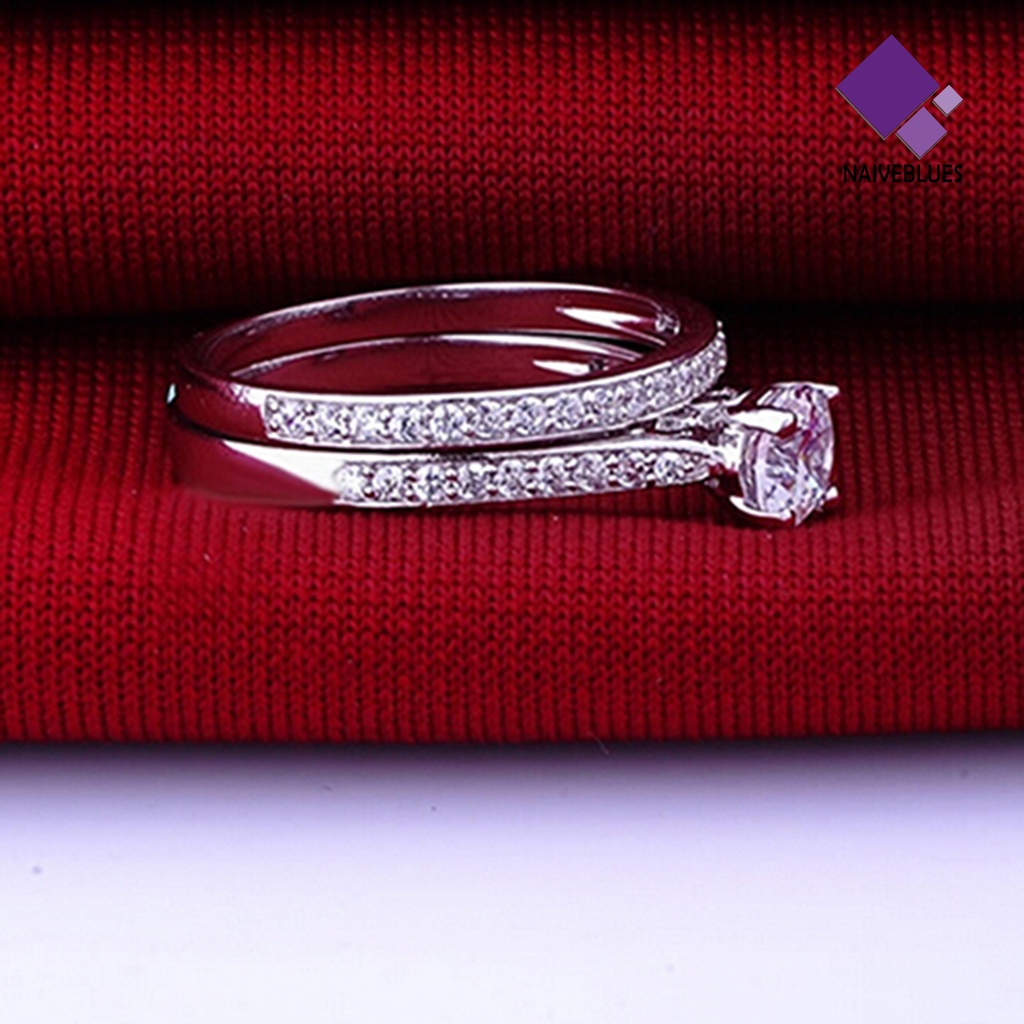 &lt; Naiveblues &gt; 2Pcs/Set Cincin Shiny Cubic Zirconia Plated Silver Cincin Pasangan Romantis Untuk