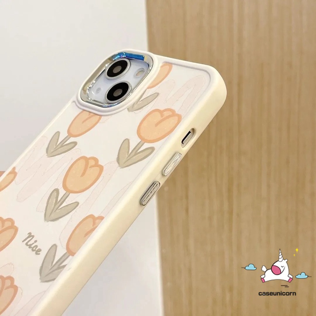 Casing Ponsel Kompatibel Untuk IPhone 7plus 8plus XR 11 14 12 13 Pro MAX X 7 8 Plus XS MAX Fresh Bunga Tulip Mewah Plating Electroplate Bingkai Lensa Logam Shockproof Soft Cover
