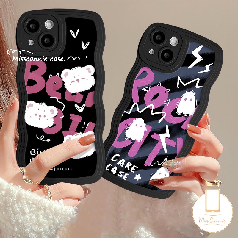 Casing Ponsel Monster Kecil Hantu Lucu Kompatibel Untuk iPhone 7Plus 14 11 13 12 Pro Max 8Plus X XR XS Max7 8 6s 6 14 Plus SE 2020 Tepi Bergelombang Kartun Beruang Huruf Lembut Tpu Cover