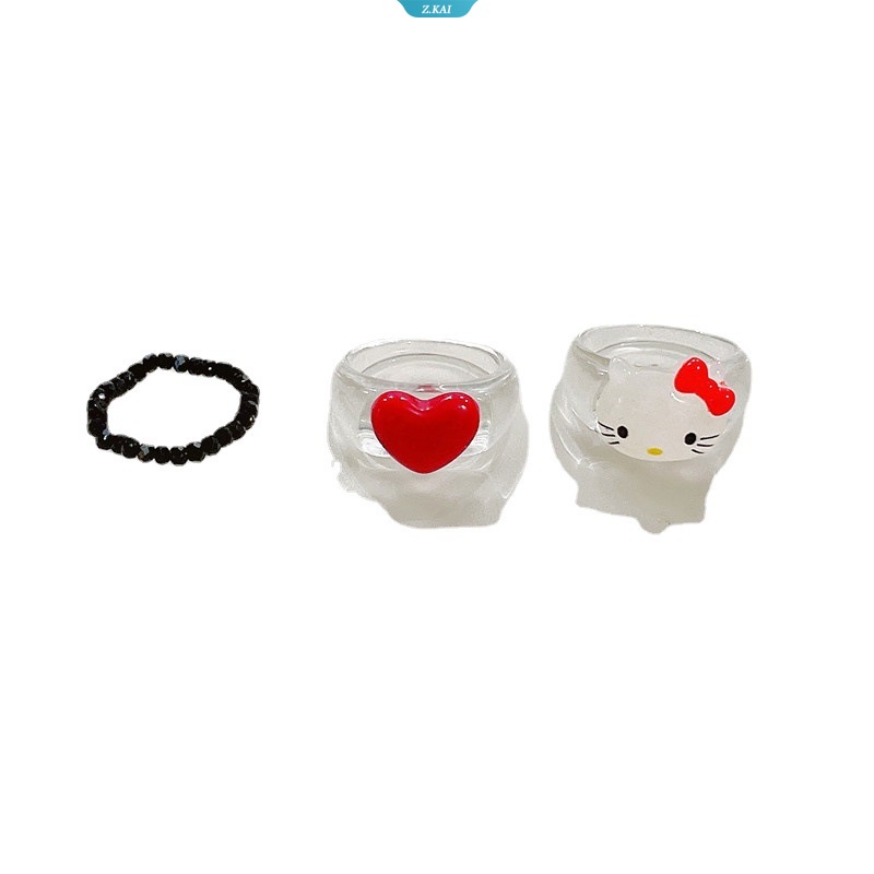 Sanrio Anime Cincin Tidak Dapat Disesuaikan Aksesoris Lucu Hello Kitty Transparan Heartse Hitam Kristal Manik-Manik Cincin Resin Pacar Perempuan Jantung Mainan Hadiah [ZK]