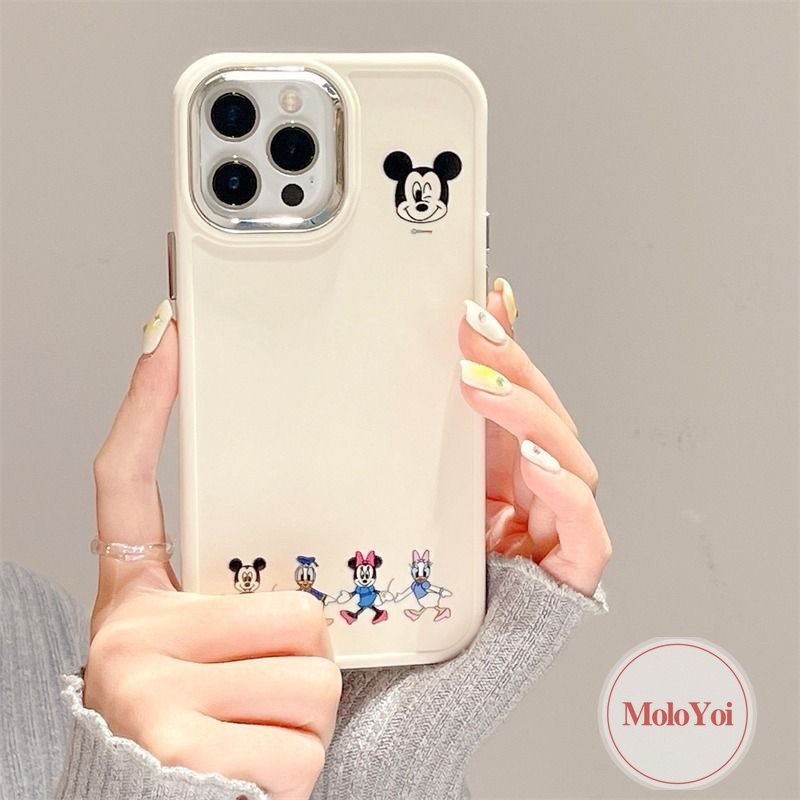 IPHONE Caroon Cute Disney Mickey Minnie Mouse Case Kompatibel Untuk Iphone11 12 13 14 Pro MAX X XR 7 8 Plus XS MAX Pasangan Winnie The Pooh Bear Mewah Plating Bingkai Lensa Metal Soft Cover