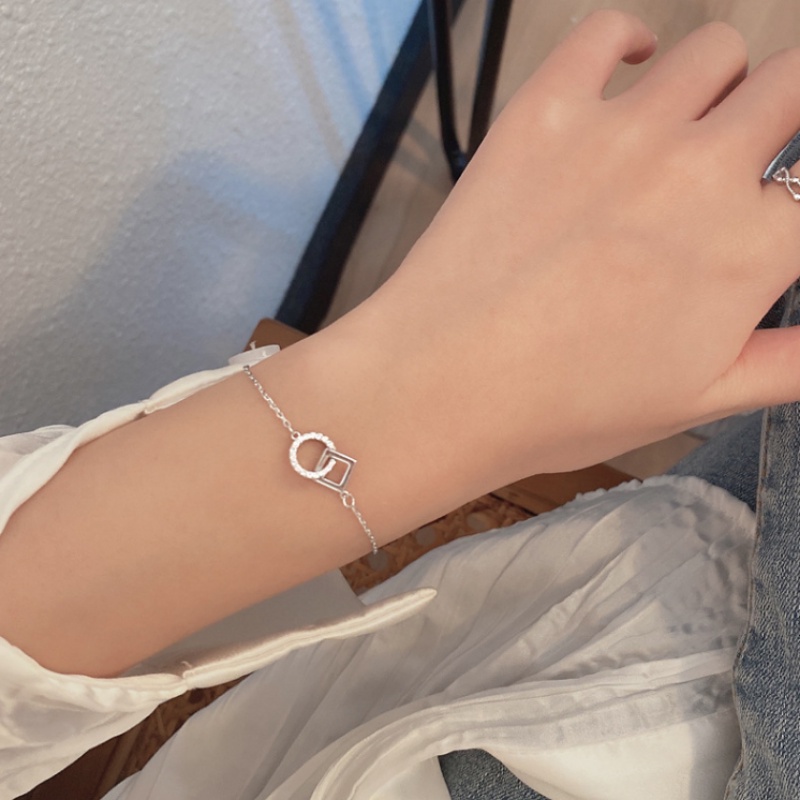 Papaozhu Korea S925 Perak Zirkon Berkilau Persegi Lingkaran Pesona Gelang Untuk Wanita Gadis Minimalis Geometris Pergelangan Tangan Rantai Gelang Perhiasan Aksesoris