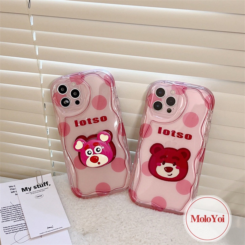 IPHONE 3d Wave Point Kartun Strawberry Bear Cute Case Kompatibel Untuk Iphone11 14 13 12 Pro Max 6 7 6s 8 Plus XR X XS Max 7Plus SE 2020 Wavy Curved Edge Glossy Shockproof Shell Cover