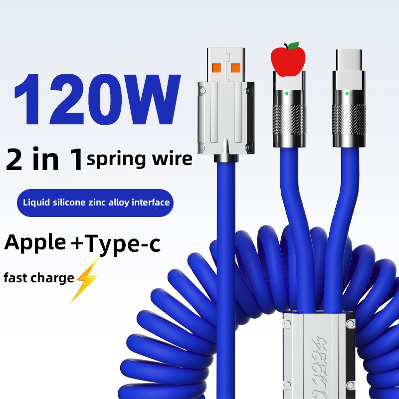 IPHONE Kabel USB Fast Charging 2in1 6A 120W Untuk Iphone14 13 12 11 Pro Max Spring Charger Wire Tipe C Untuk Huawei Mate 40p50 P30pro