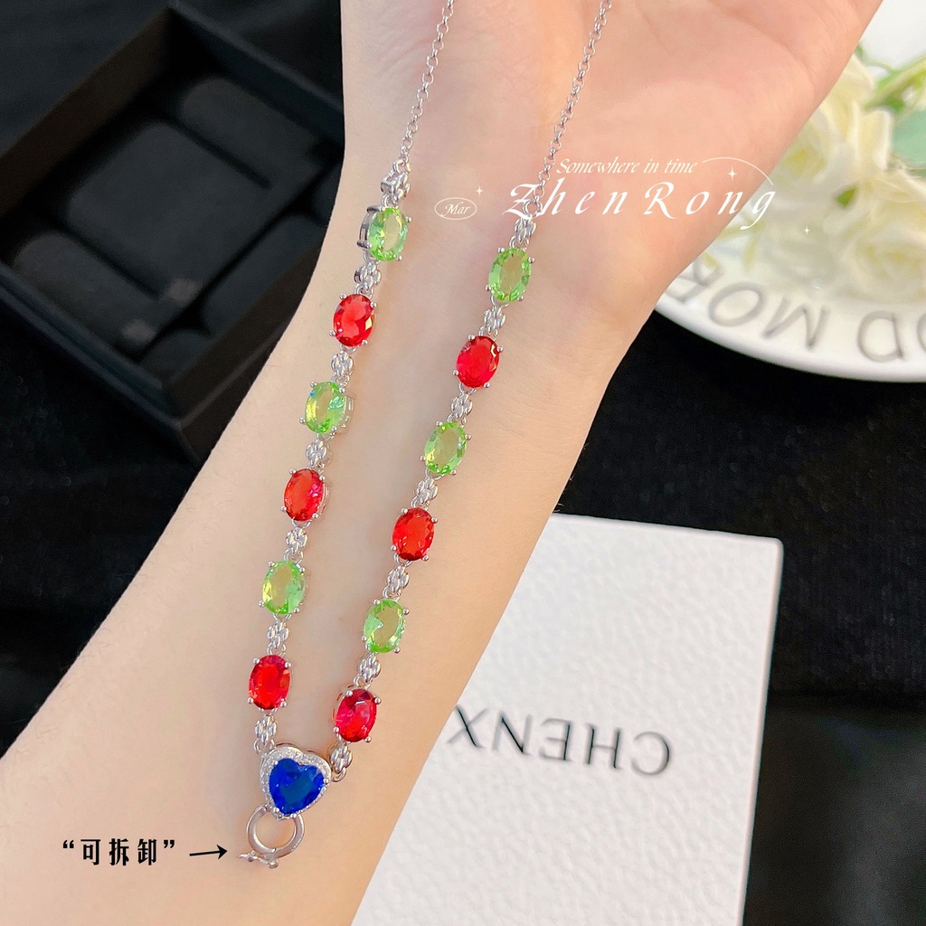 Goldkingdom Aksesoris Perhiasan Fashion Ready Stock Tourmaline Kalung Liontin Giok Dengan Rantai Sweater Berlian Royal Blue And Red Joker Necklace