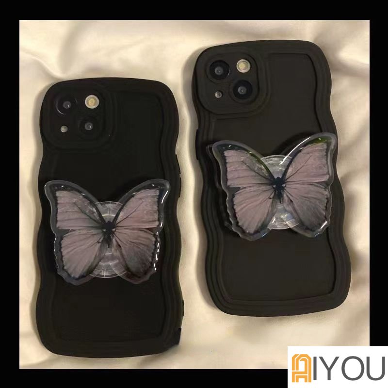 IPHONE Luxury Ins Korea Lucu Irregular Cloud Specular Bracket Gelombang Hitam Case Untuk Iphone14 13 12 11 Pro Max Kawaii Soft Cover Funda