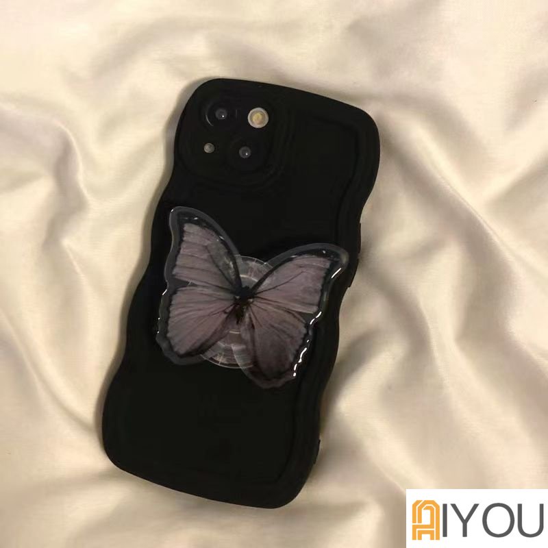 IPHONE Luxury Ins Korea Lucu Irregular Cloud Specular Bracket Gelombang Hitam Case Untuk Iphone14 13 12 11 Pro Max Kawaii Soft Cover Funda