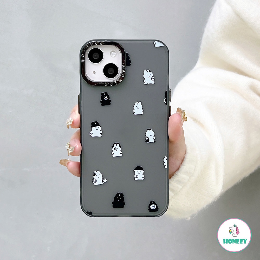 Case Pelindung Lensa Fashion Berlapis Kompatibel Untuk iPhone XR XS iPhone 11 Pro Max13 12 14 Pro Max 7 8plus Kelinci Hitam Dan Putih Sederhana Shockproof Back Cover