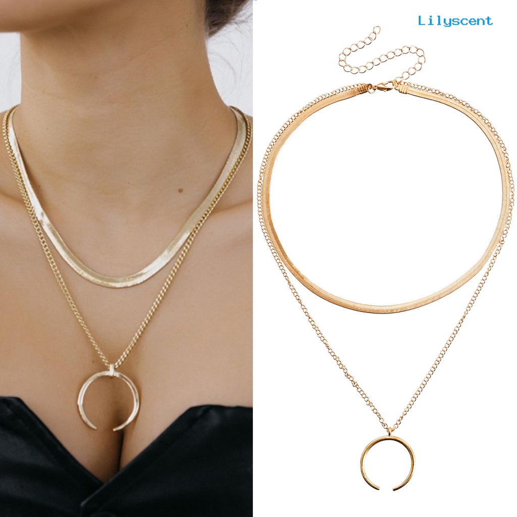 [LS]Wanita Kalung Liontin Sabit Lapisan Ganda Keren Bergaya Snack Rantai Adjustable Alloy Kalung Aksesori Fashion