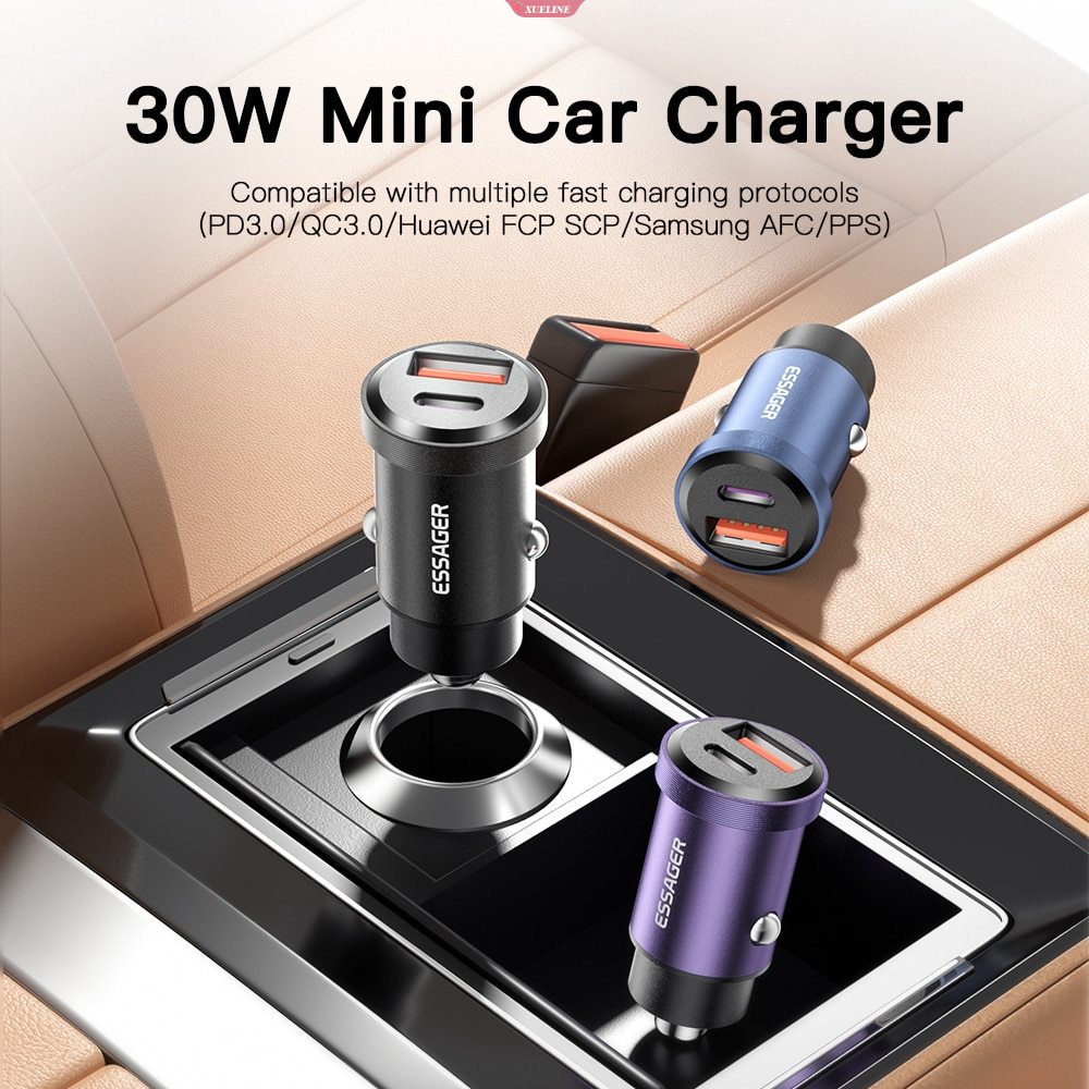 Essager Charger Mobil USB 30W Quick Charge4.0 QC PD 3.0 SCP 5A USB Type C Car Fast Charging Untuk Huawei Samsung Xiaomi [ZXL]