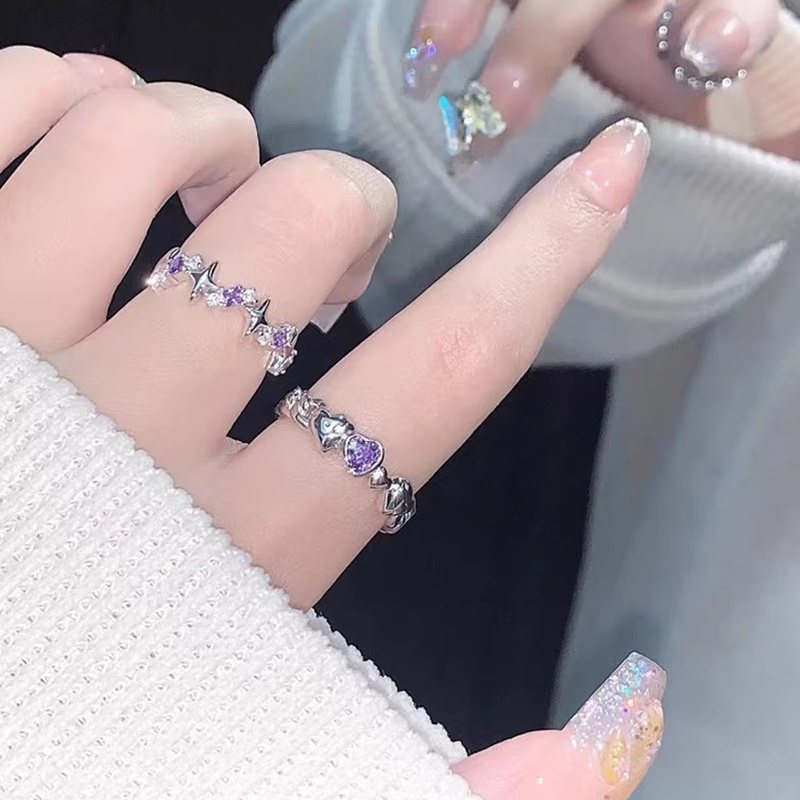 2 Pcs Fashion Shiny Ungu Berlian Imitasi Pembukaan Cincin Pasangan Untuk Wanita Pria Vintage Kristal Bintang Adjustable Rings Lover Jewelry