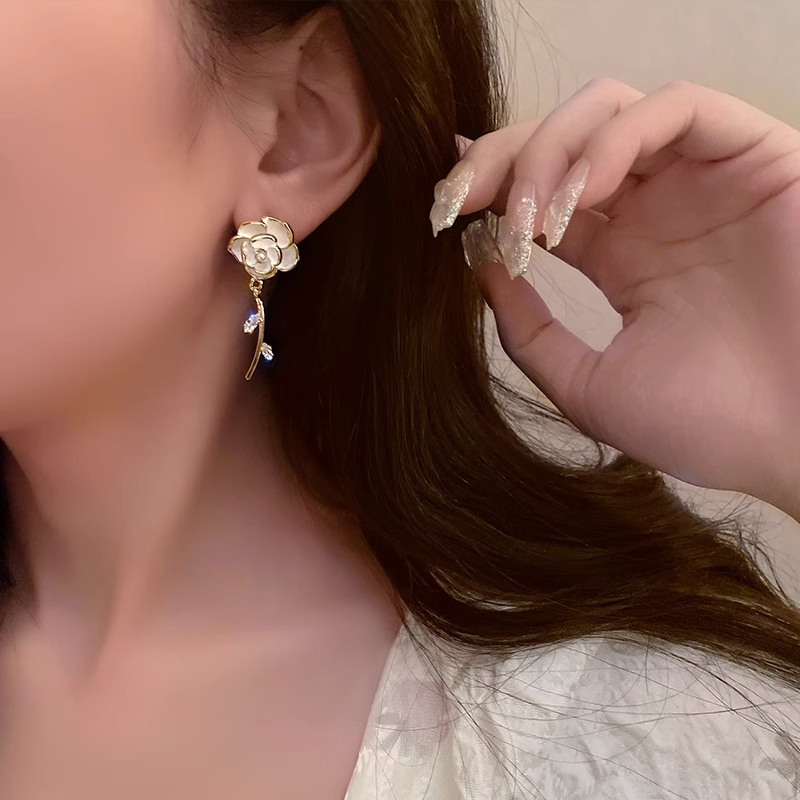 Anting Enamel Bunga Mutiara Putih Zirkon Perak925 Ear Studs Korea Aksesori Untuk Gadis Manis