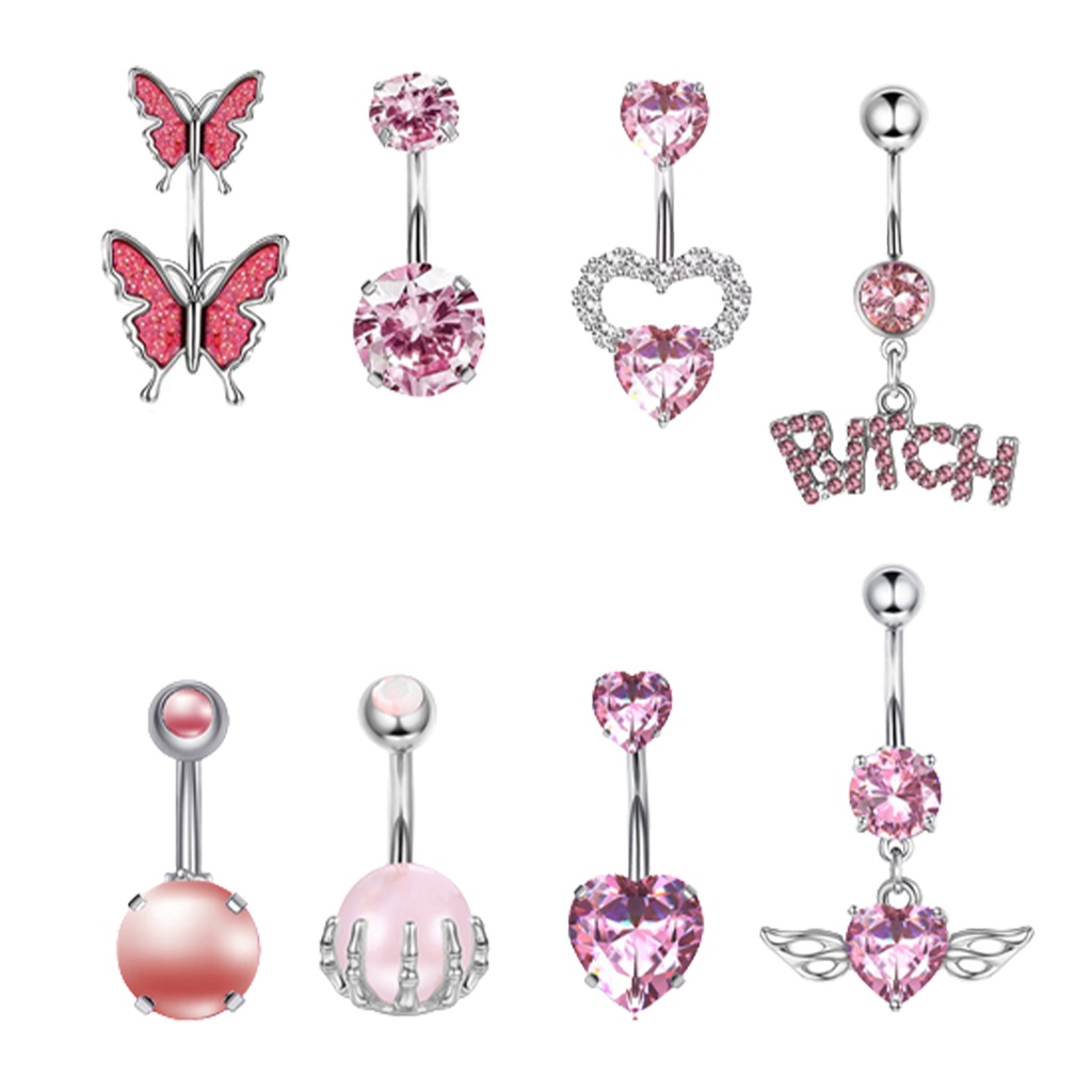 8pcs/set Tindik Pusar Kristal Pink Bahan Stainless Steel Pink Sayap Kupu-Kupu Liontin Tindik Tubuh Perhiasan Sexy Untuk Wanita