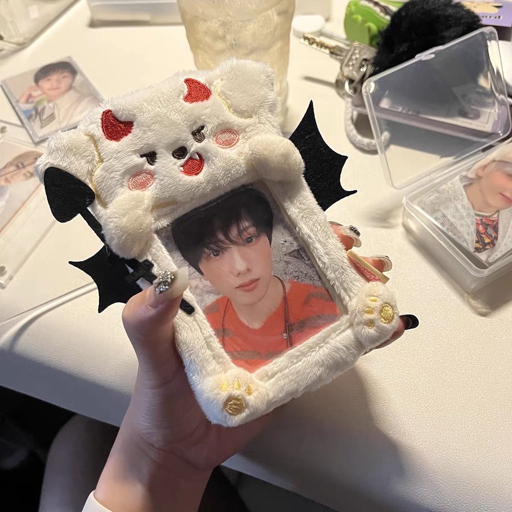 3inch Kpop Photo Card Holder Kawaii Angel Demon Lembut Mewah Tempat Kartu Gantungan Kunci Photo Card Holder Kemasan Charm