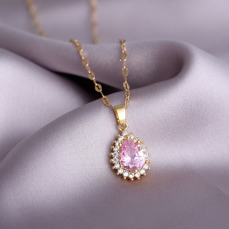 Kalung Lucu Pink Love Droplet Anting Cincin Zirkon Perhiasan Kalung Baja Titanium