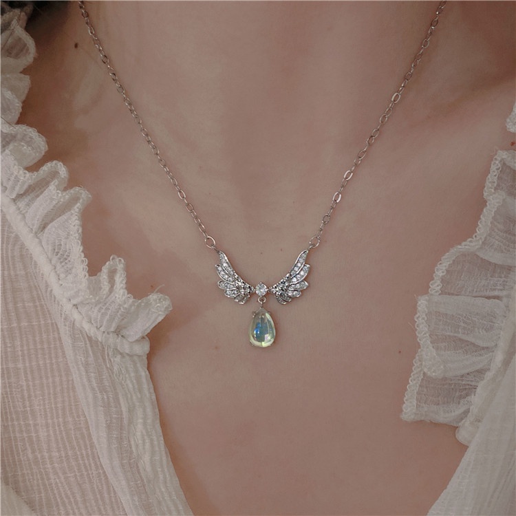 Sayap Malaikat Moonstone Tetesan Air Kalung Aksesoris Rantai Tulang Selangka Stylish Simple