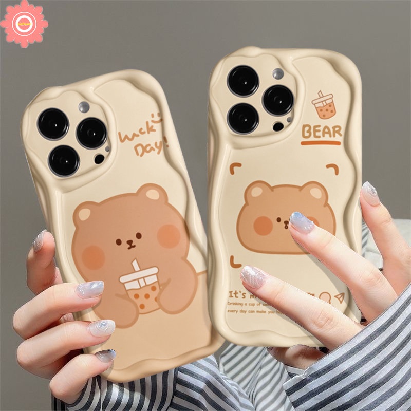 Casing Untuk Realme C53 C25 C15 C55 C30 C20 C11 C25Y C21 C35 C12 C33 C21Y C31 C25s 5 9i 7i 5i 6i 5s C17 C3 C20A C3 C1 Kartun Lucu Milk Tea Bear Lembut 3D Bergelombang Lengkung Tepi Tpu Sarung