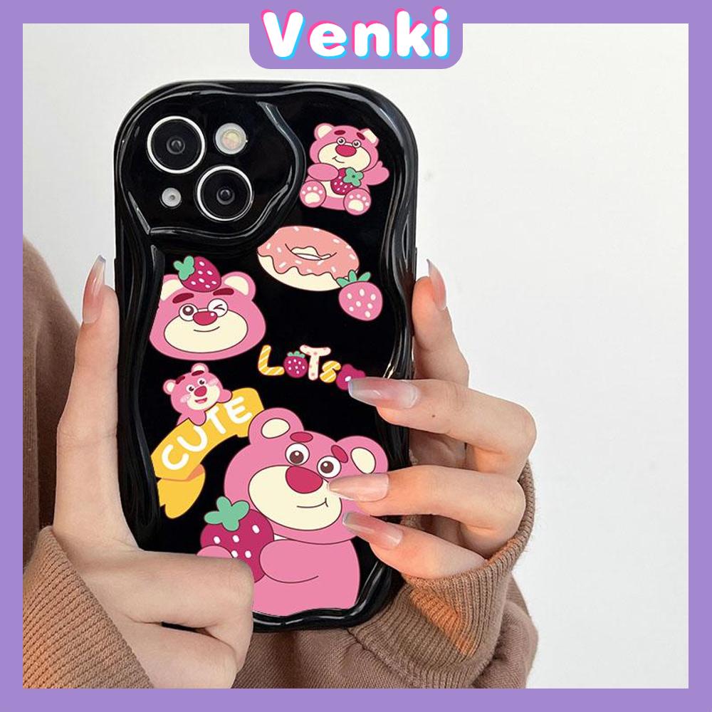 VENKI - Untuk iPhone 11 Case Curved Edge Wave Case Glossy Black TPU Airbag Shockproof Camera Case Cute Pink Bear Kompatibel dengan iPhone 14 13 Pro max 12 Pro Max xr xs 7Plus 8Plus