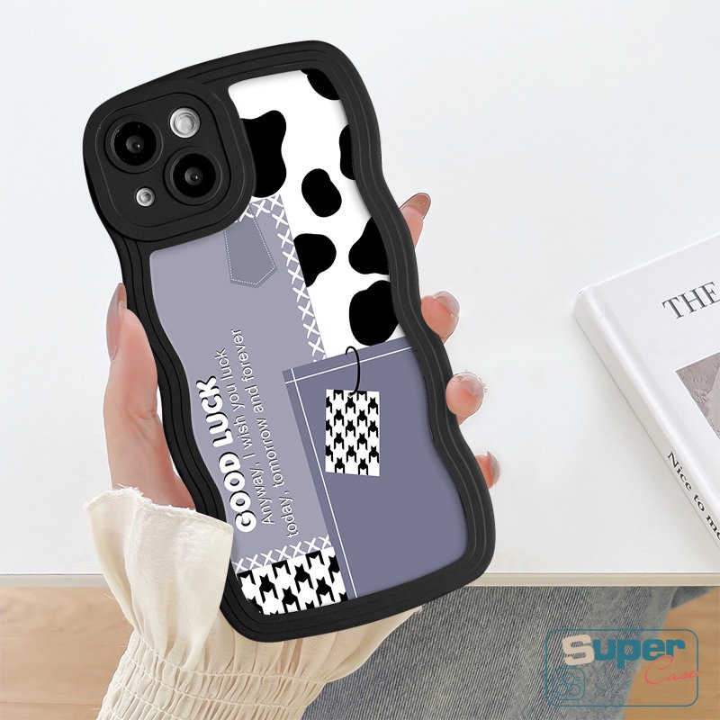 Art Splicing Smiley Pattern Back Case Kompatibel Untuk iPhone 7Plus 13 11 12 14 Pro Max XR 6s 6 7 8 Plus X XS Max SE 2020 Wavy Edge Fashion Cute Houndstooth Leopard Soft Tpu Cover