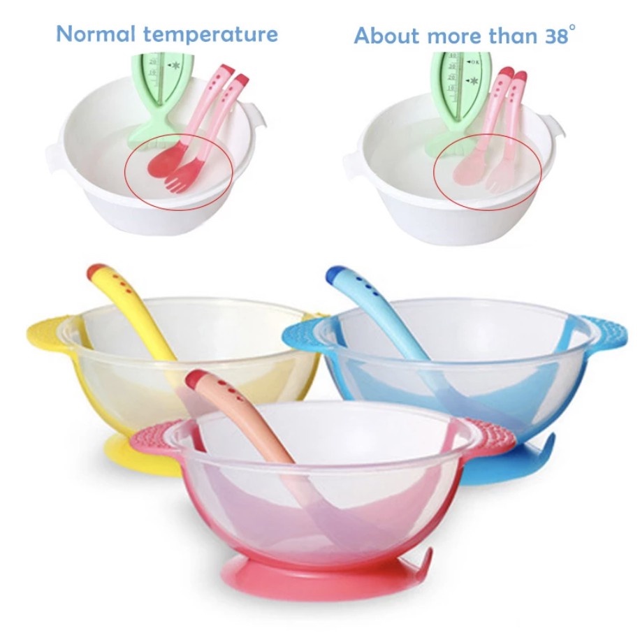 Baby Feeding Bowl with Spoon &amp; Lid Temperature Detection Silicone baby kids bowl Bekas Makan Bayi