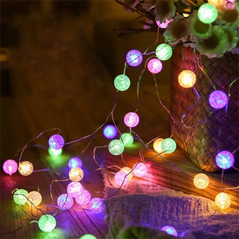 3warna Bola Retak String Lampu DIY Romantis/Untuk Dekorasi Taman Natal Pernikahan Rumah/LED Crackle Ball Fairy Tale Light String/Lampu Kawat Tembaga Tenaga Baterai