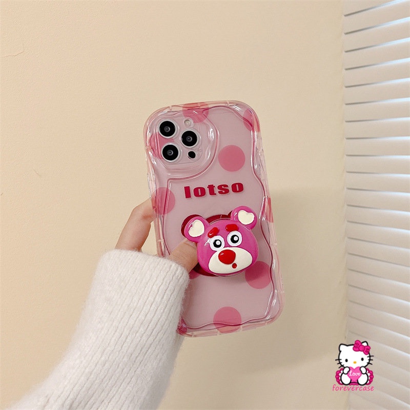 Casing Tepi Melengkung Bergelombang 3D Untuk Realme C53 C35 C3 C30 C55 C25Y C21Y C15 C33 C12 C21 C25s C17 C20A 9i 5 5s 7i 5i 6i C11 C25 C20 C31 Stand Holder Titik Gelombang Kartun Strawberry Bear Case