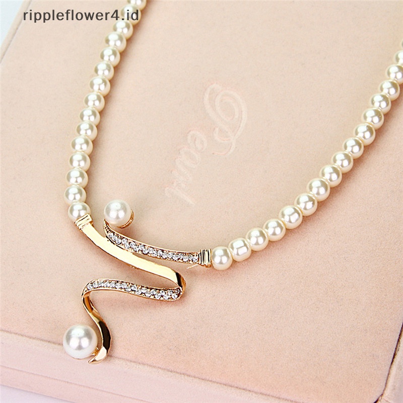 {rippleflower4.id} Baru Wanita Pengantin Pesta Pernikahan Mutiara Berlian Imitasi Kalung Anting Set Perhiasan~