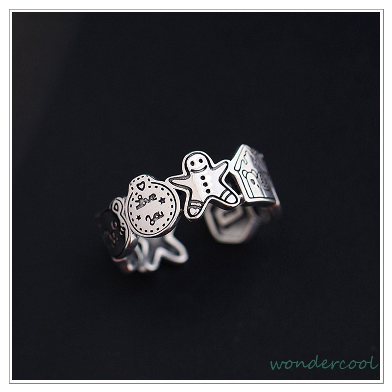 Grafiti Perak Gingerbread Man Cincin Terbuka Adjustable Ring Retro Korea Vintage Gaya Untuk Pria Dan Wanita-Won