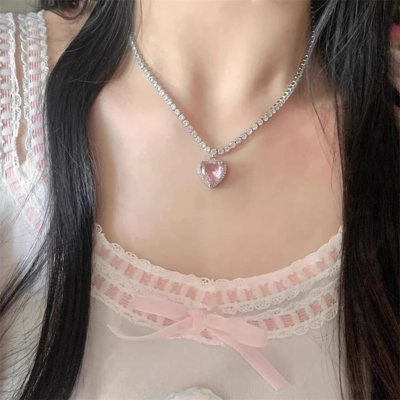 Pink Glitter Berlian Imitasi Bentuk Hati Liontin Kalung/ Manis Keren Berlian Cinta Kalung/ Temperamen Pasangan Perhiasan Hadiah