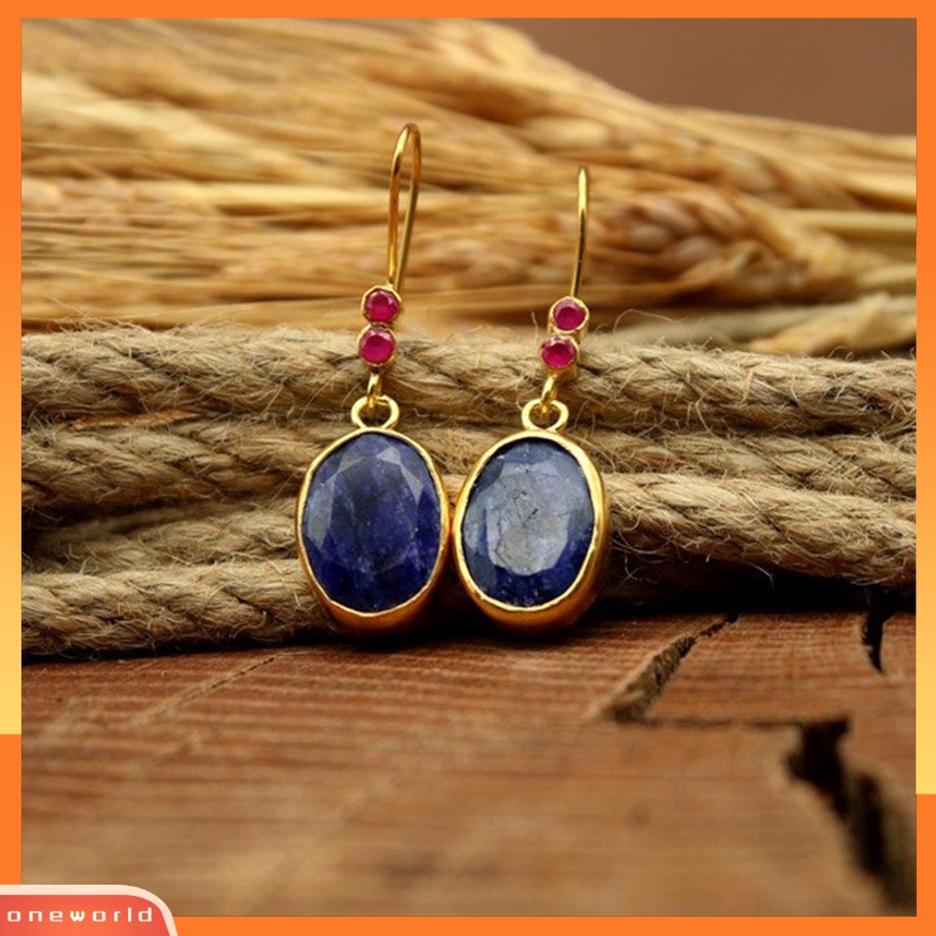 [WOD] 1pasang Anting Menjuntai Vintage Bohemian Etnik Geometri Electroplating Dekorasi Hadiah Wanita Oval Permata Imitasi Drop Earrings Perhiasan Untuk Pesta