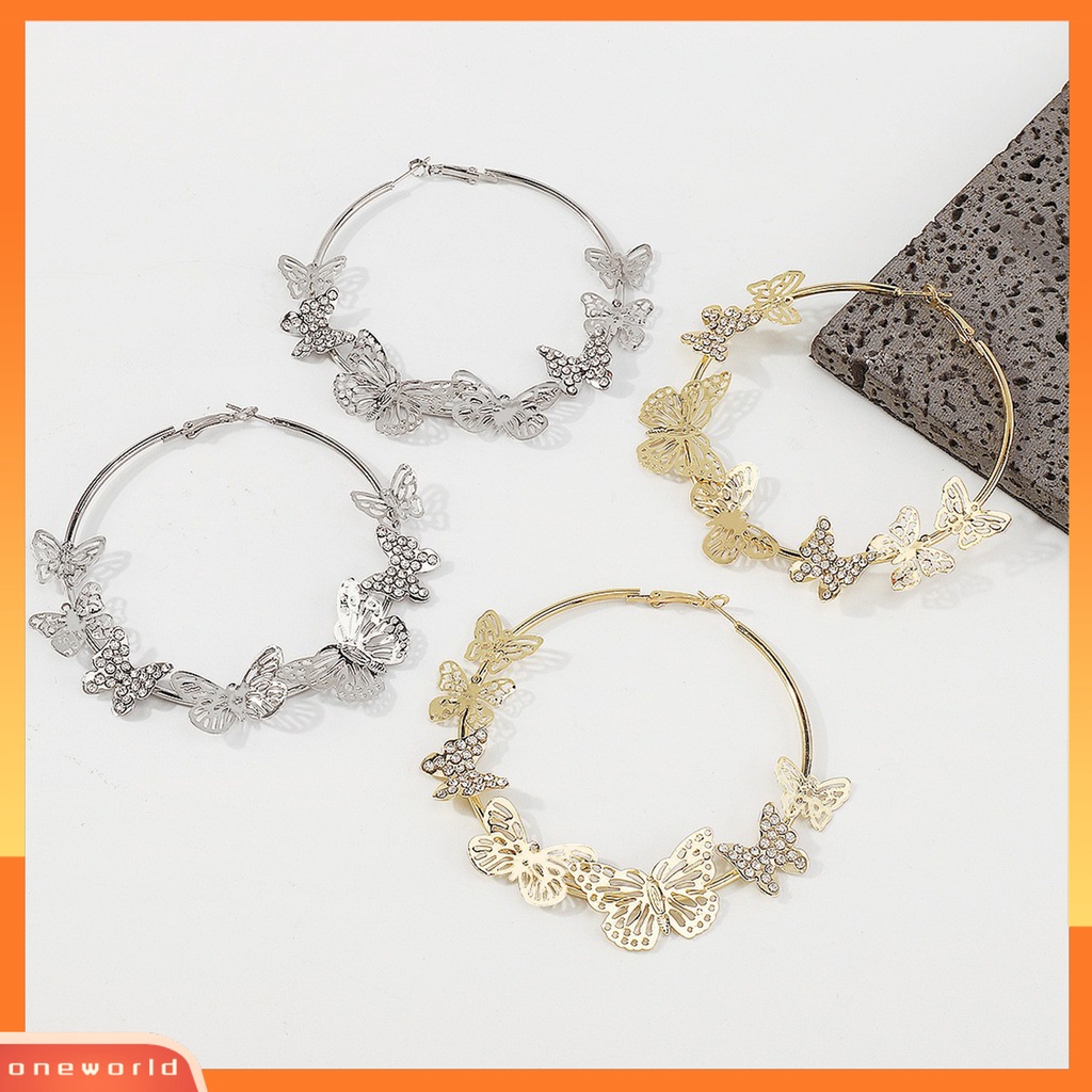 [WOD] 1pasang Anting Hoop Vintage Geometris Berlebihan Berlian Imitasi Mengkilap Hias Dekorasi Hadiah 3D Berongga Keluar Kupu-Kupu Wanita Anting Lingkaran Untuk Perjamuan
