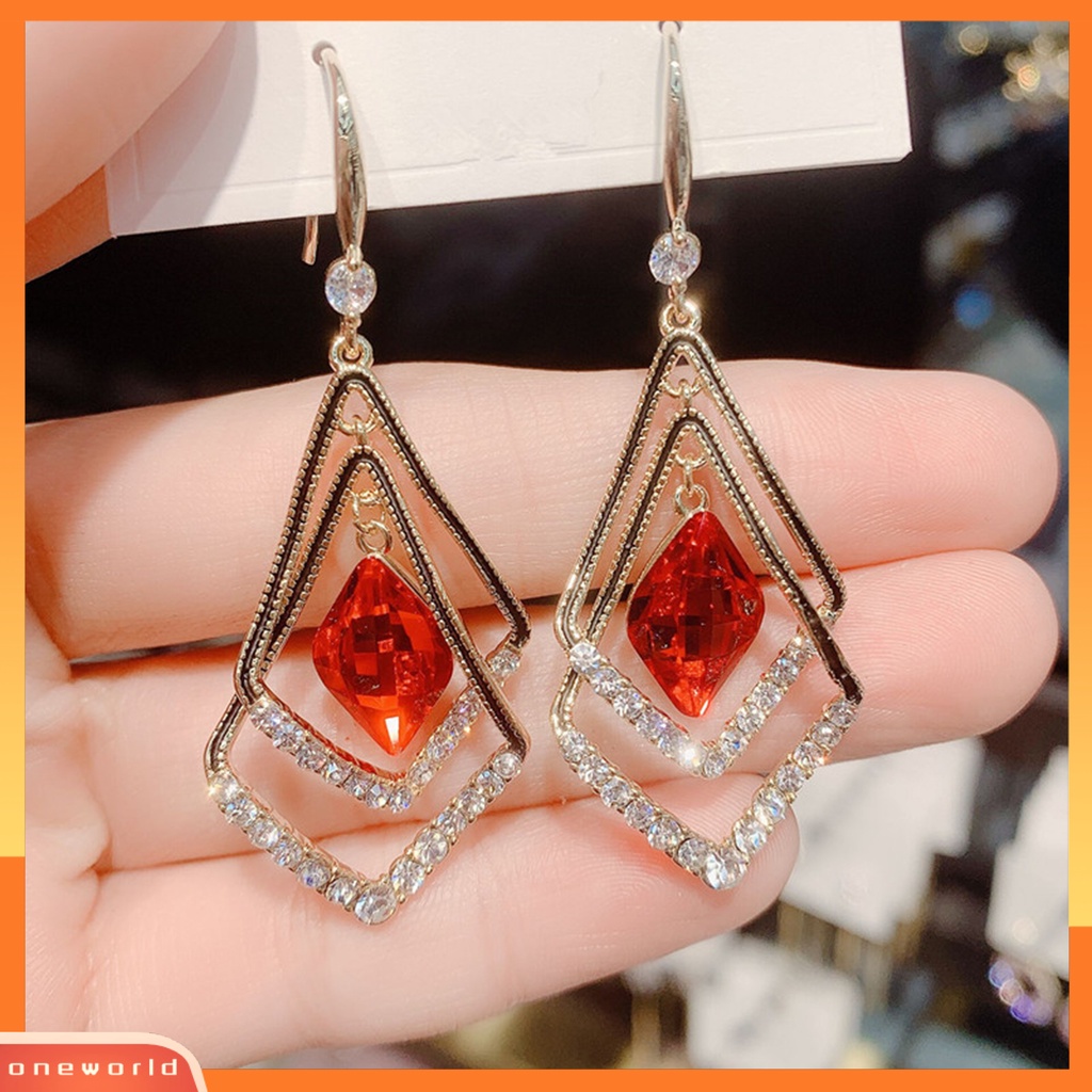 [WOD] 1pasang Anting Wanita Double Layer Belah Ketupat Berlian Imitasi Perhiasan Berkilau Electroplated Hook Earrings Untuk Perjamuan