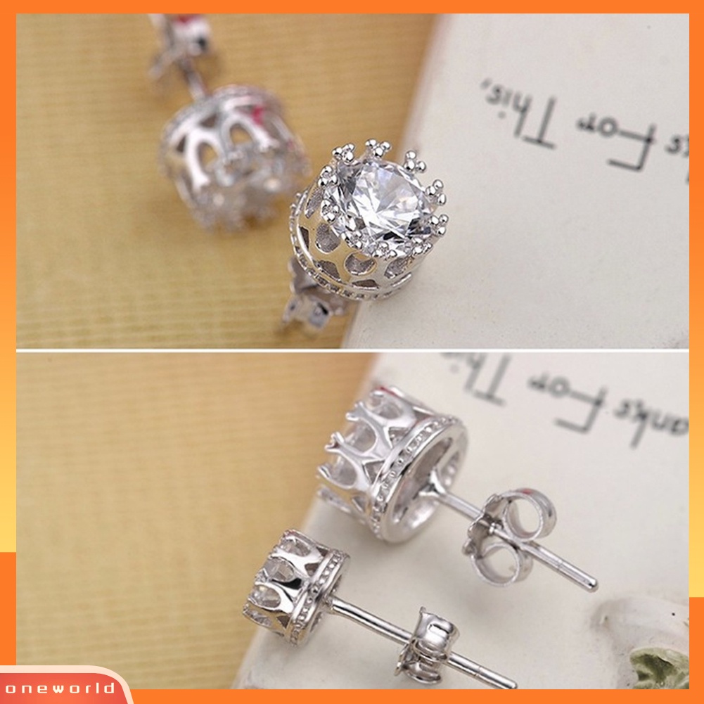 [WOD] Fashion Wanita Bulat Cubic Zirconia Ukir Mahkota Telinga Stud Earrings Perhiasan Hadiah