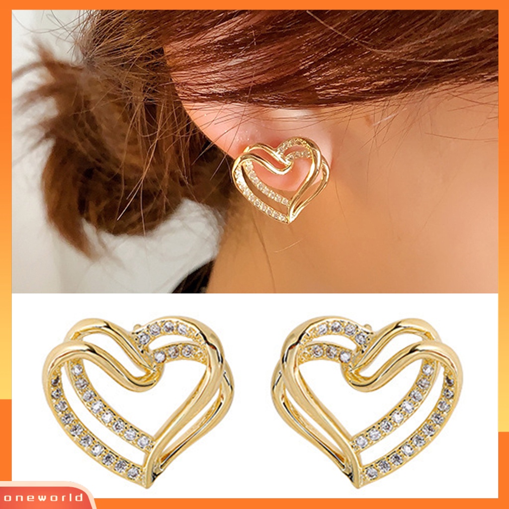 [WOD] 1pasang Lady Stud Earrings Mewah Berlian Imitasi Mengkilap Bentuk Hati Double-layer Bridal Earrings Perhiasan Perempuan