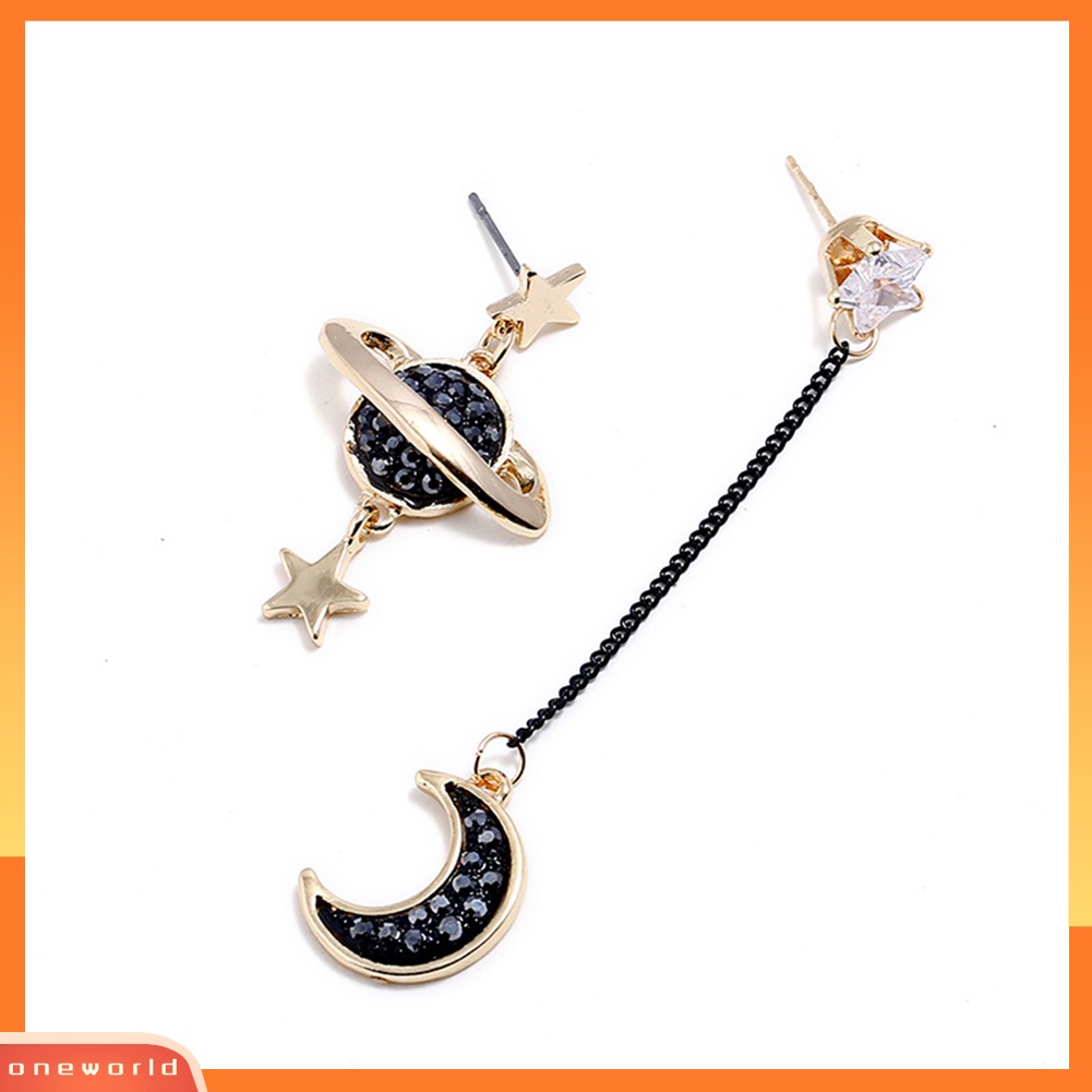 [WOD] Star Moon Ear Stud Berlian Imitasi Menjuntai Asimetris Anting Wanita Perhiasan Hadiah