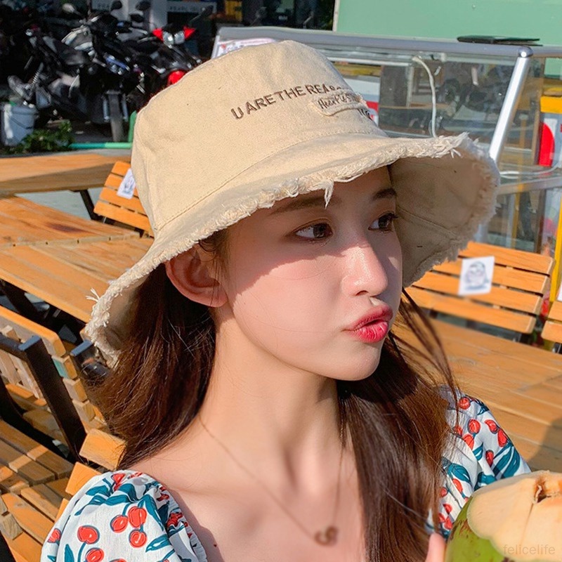 Topi Bucket Wanita Fisherman Huruf Patch Topi Nelayan Topi Korea Kanvas Topi Matahari