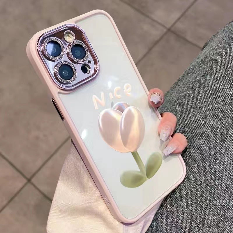 IPHONE Efek 3D Bunga Tulip Transparan Warna Solid Bling Glitter Pelindung Kaca Lensa Kamera Phone Case Full Protection Covers Untuk Iphone11 12 13 14 PLUS PRO MAX