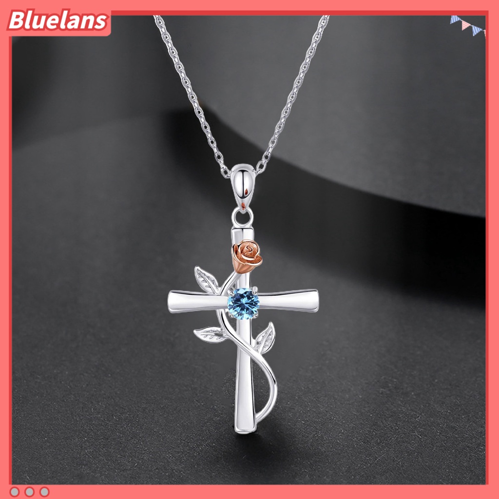 [BLS] Kalung Wanita Novelty High Gloss Silver Plated Cross Rose Flower Kalung Rantai Berlian Imitasi Mengkilap Untuk Pesta