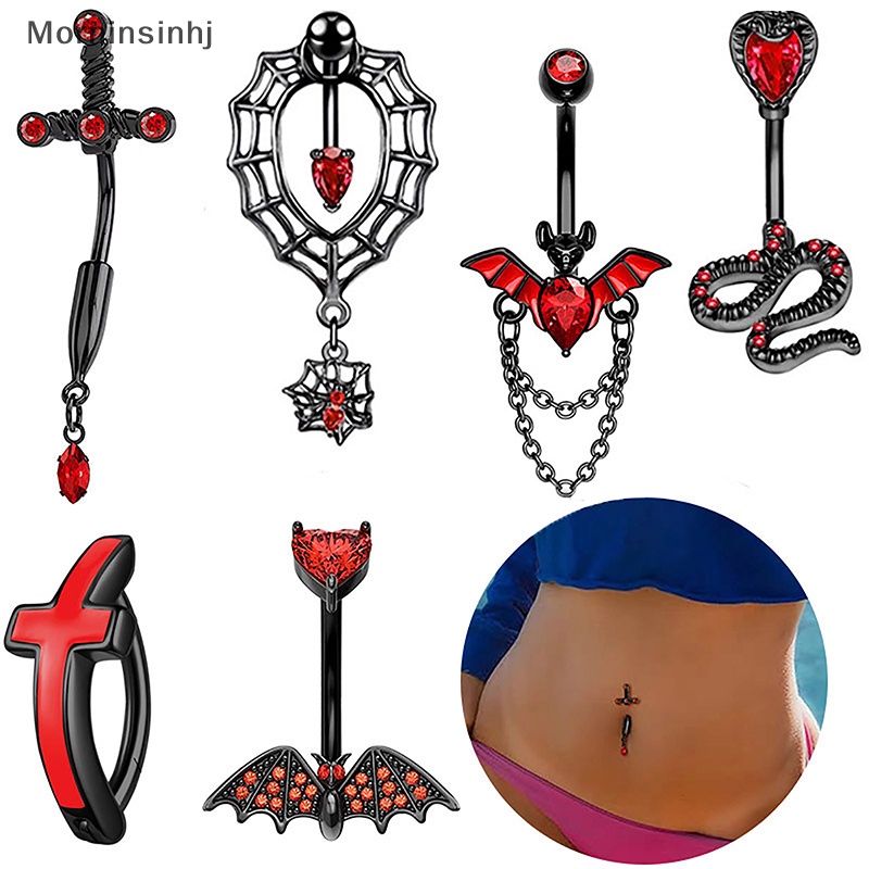 Mornin Gothic Ular Pusar Perhiasan Berlapis Hitam Spider Belly Button Cincin Kristal Zirkon Merah Liontin Belly Rings Untuk Hadiah Gadis id