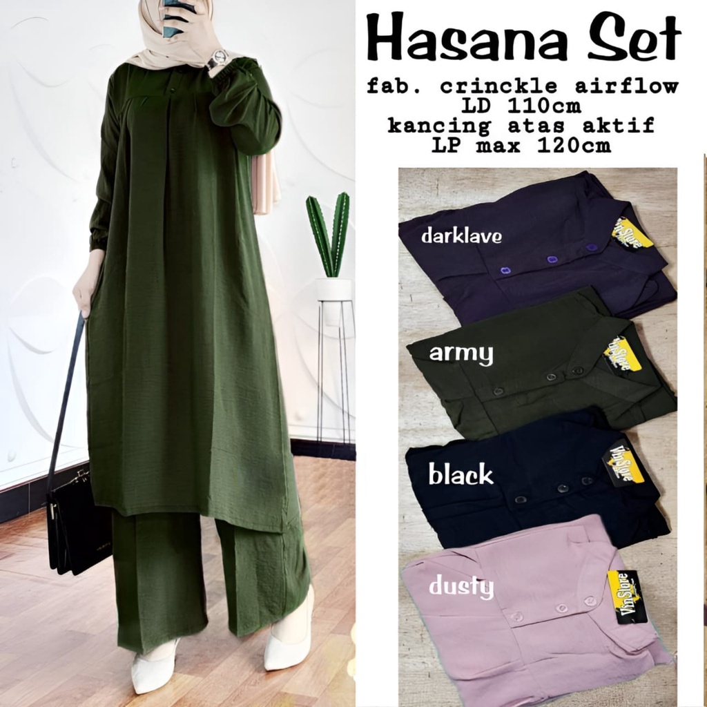 Hasana Set 2in1 Wanita Muslim l Setelan Cringkle Airflow Polos Basic Premium ALL Size Fit To XL Besar