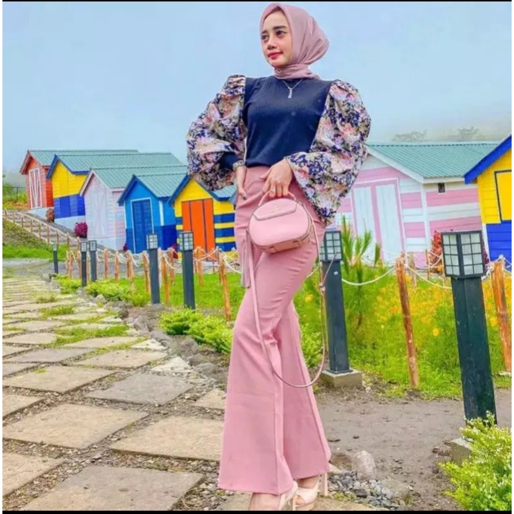 CHUBBI Top Atasan Kaos Blouse Perempuan Wanita Import Lengan Puff Ballon Sequin Flower