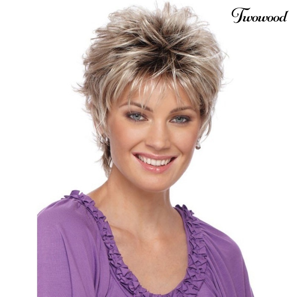 Twowood Fashion Wanita Potongan Rambut Pendek Shag Short Curly Ombre Wig Pesta Club