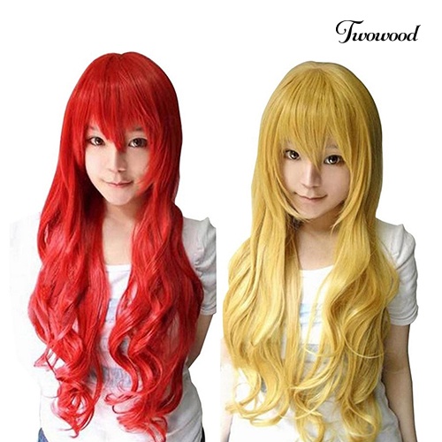 Twowood Wanita Panjang Keriting Besar Bergelombang Rambut Populer Warna-Warni Keren Perma-long Cosplay Wig