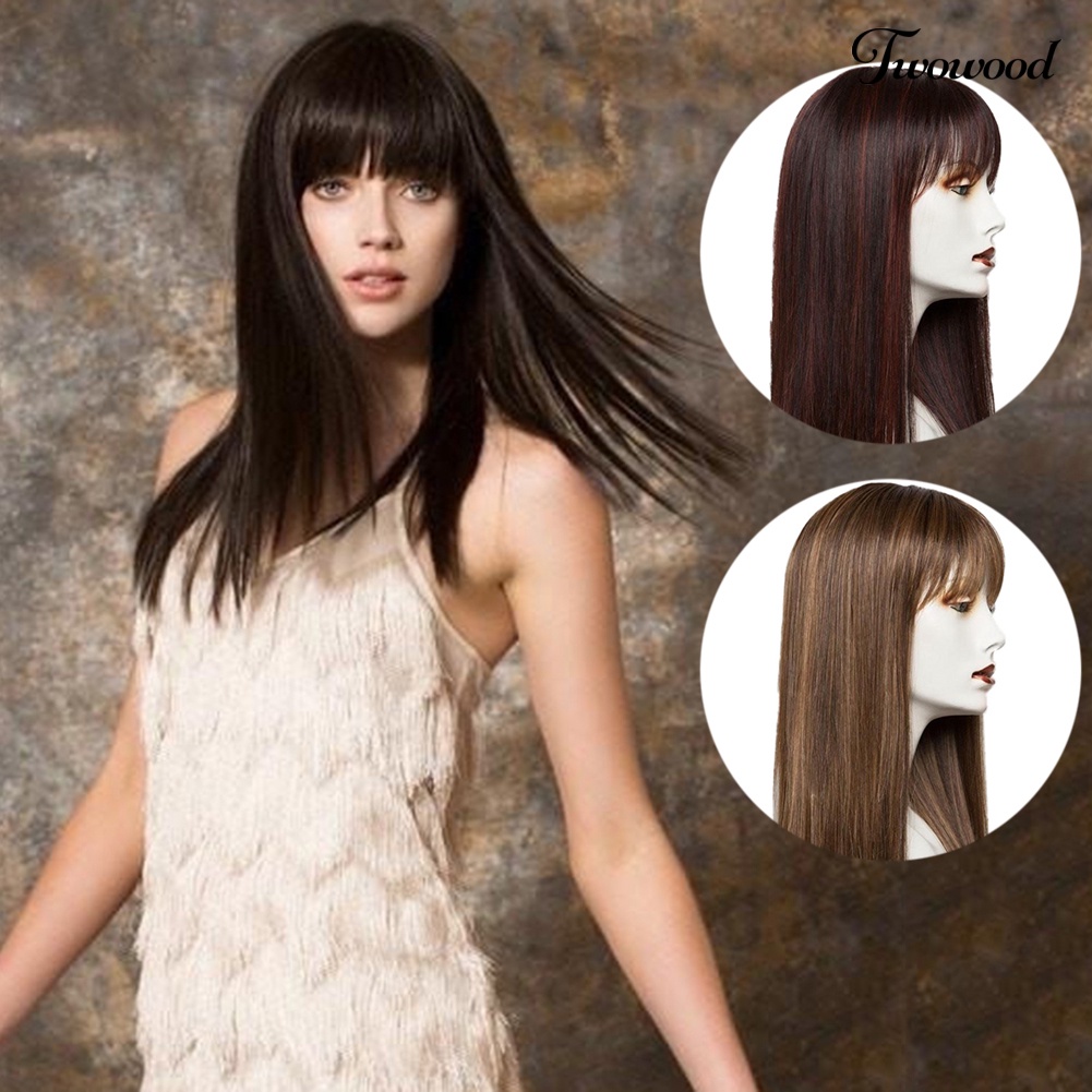 Twowood Serat Suhu Tinggi Wanita Panjang Lurus Hitam Coklat Bang Wig Rambut Sintetis